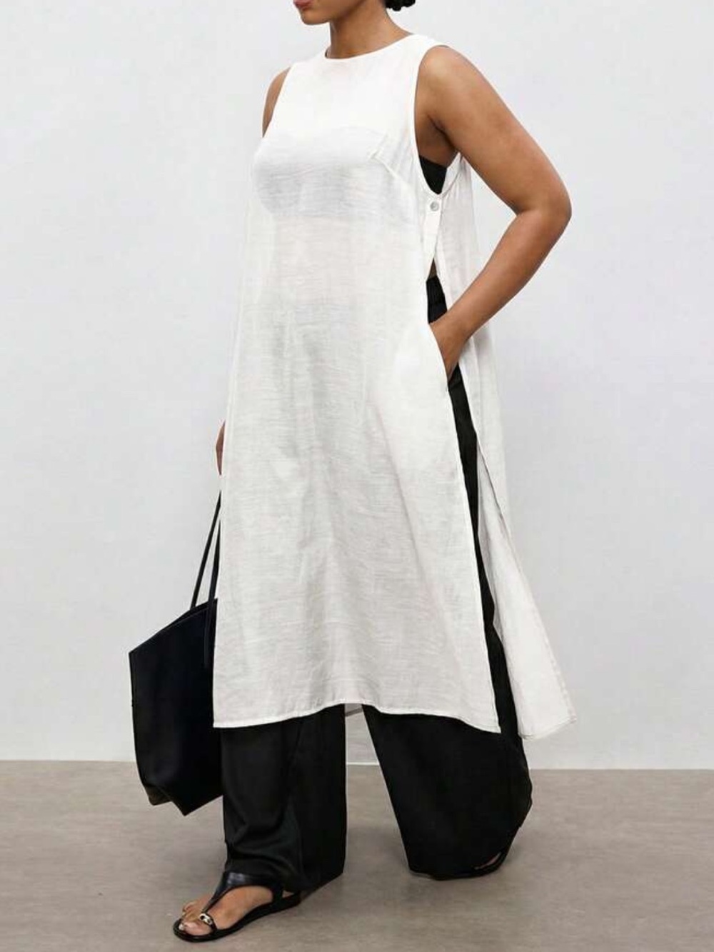 Sleeveless White Side-Slit Tunic Top
